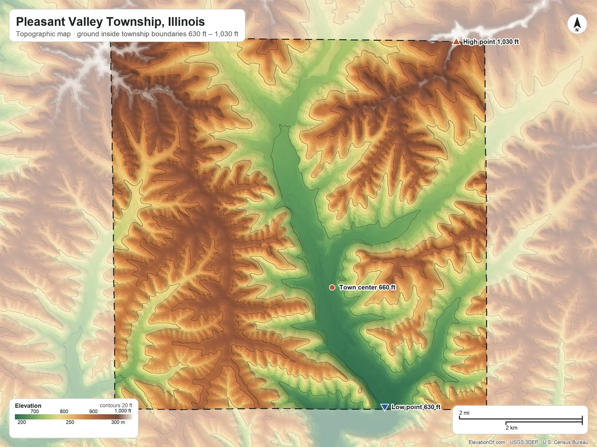 Topographic elevation map of Pleasant Valley Township, Illinois, shaded from 630 ft on the southeast side to 1,030 ft on the northeast side