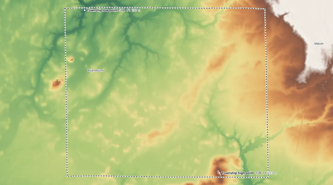 Topographic elevation map of Pleasant View Township, Illinois, shaded from 590 ft on the northwest side to 710 ft on the southeast side