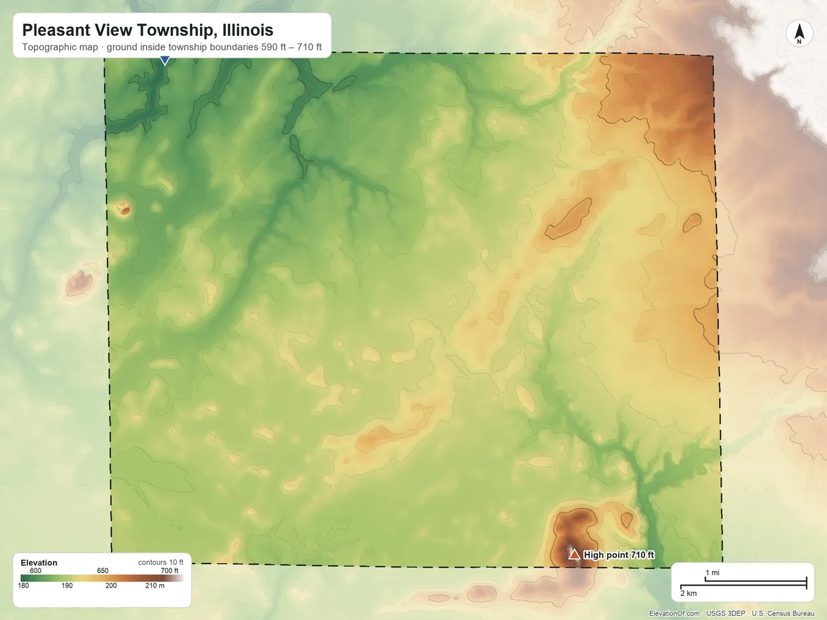 Topographic elevation map of Pleasant View Township, Illinois, shaded from 590 ft on the northwest side to 710 ft on the southeast side