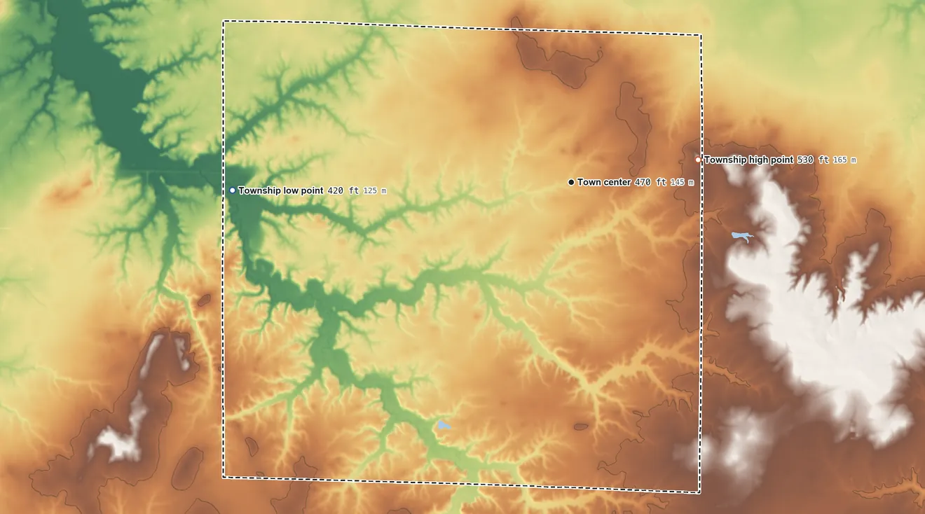 Topographic elevation map of Plum Hill Township, Illinois, shaded from 420 ft on the west side to 530 ft on the east side