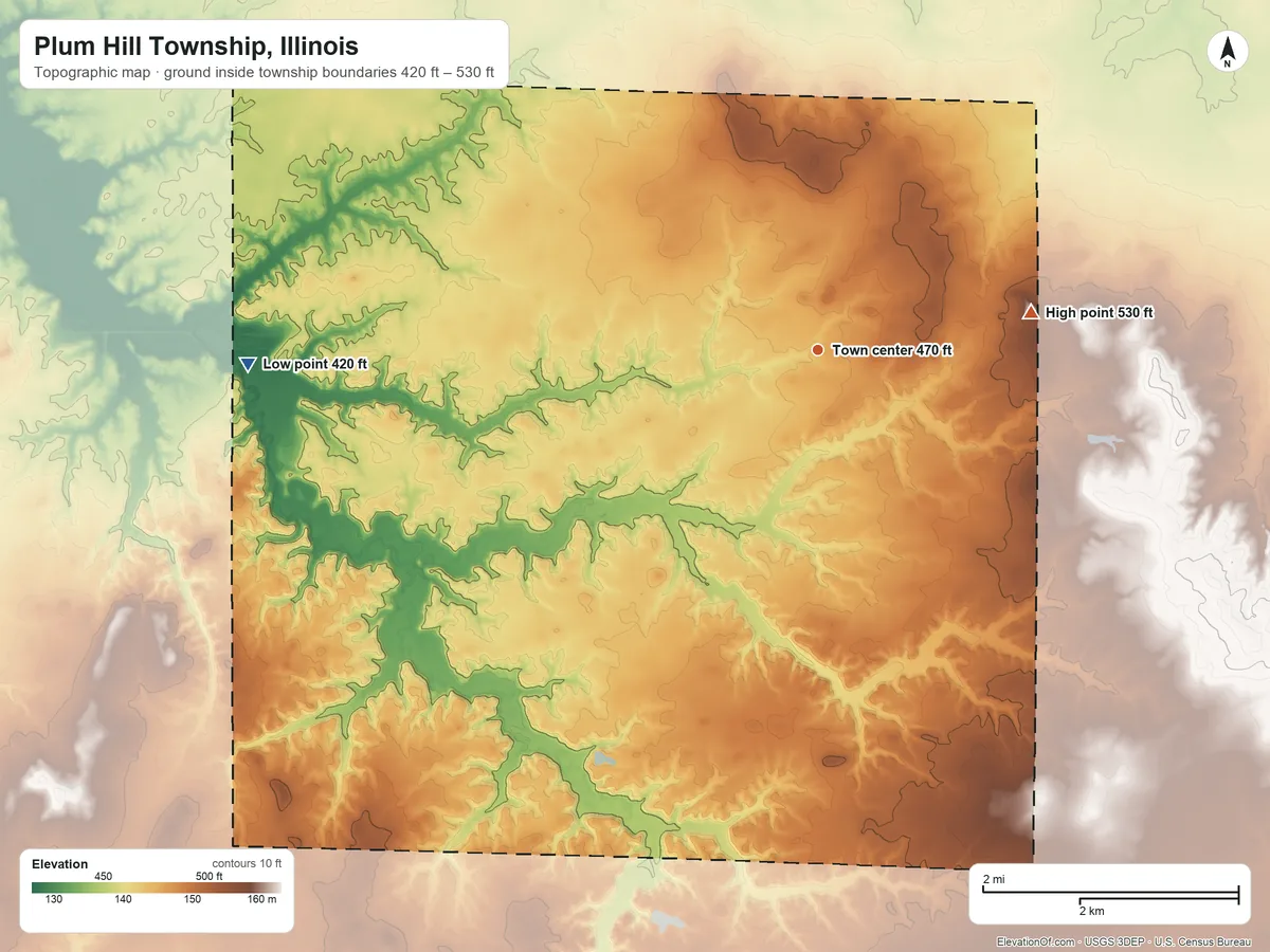 Topographic elevation map of Plum Hill Township, Illinois, shaded from 420 ft on the west side to 530 ft on the east side