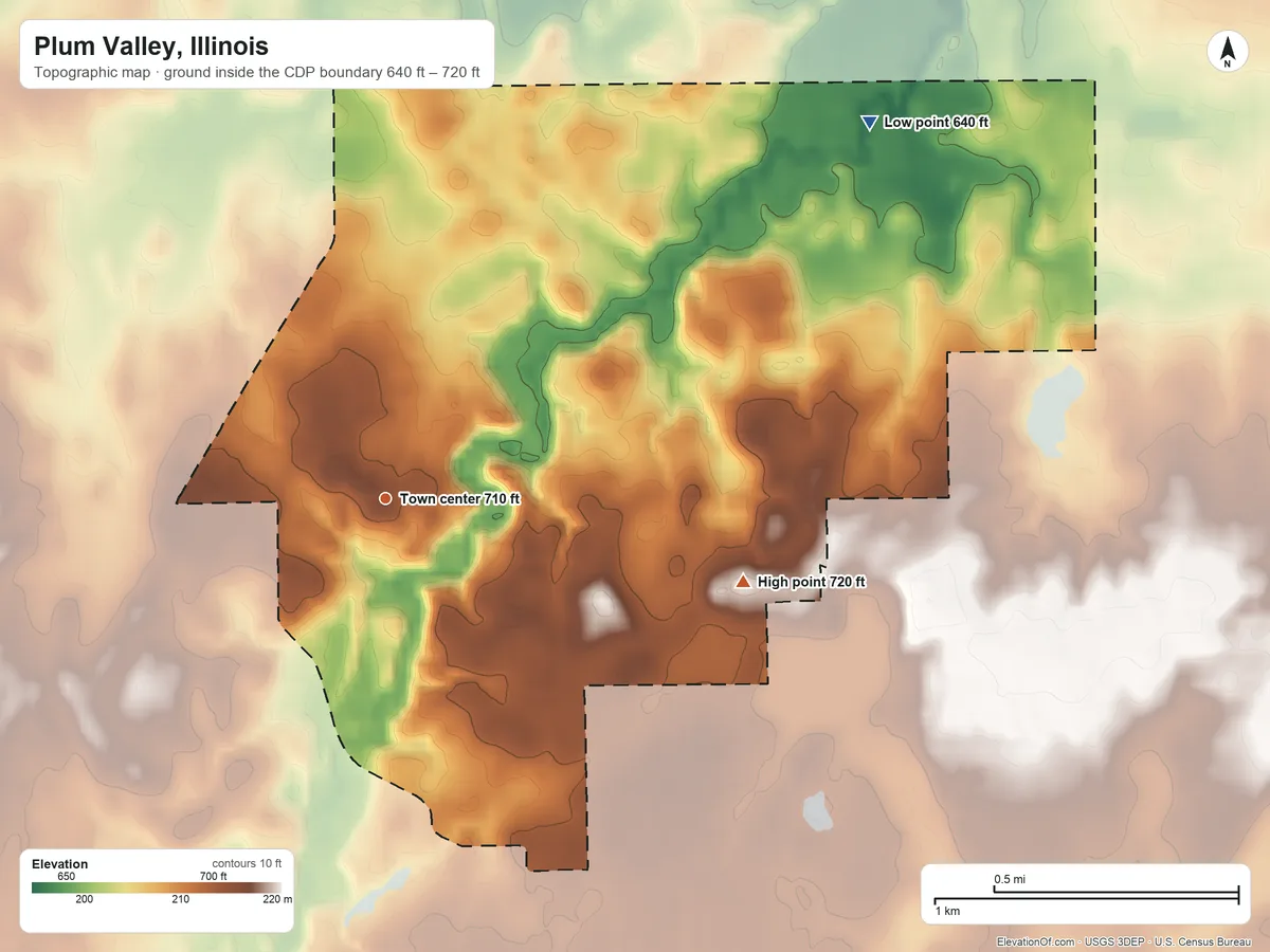 Topographic elevation map of Plum Valley, Illinois, shaded from 640 ft on the northeast side to 720 ft on the east side