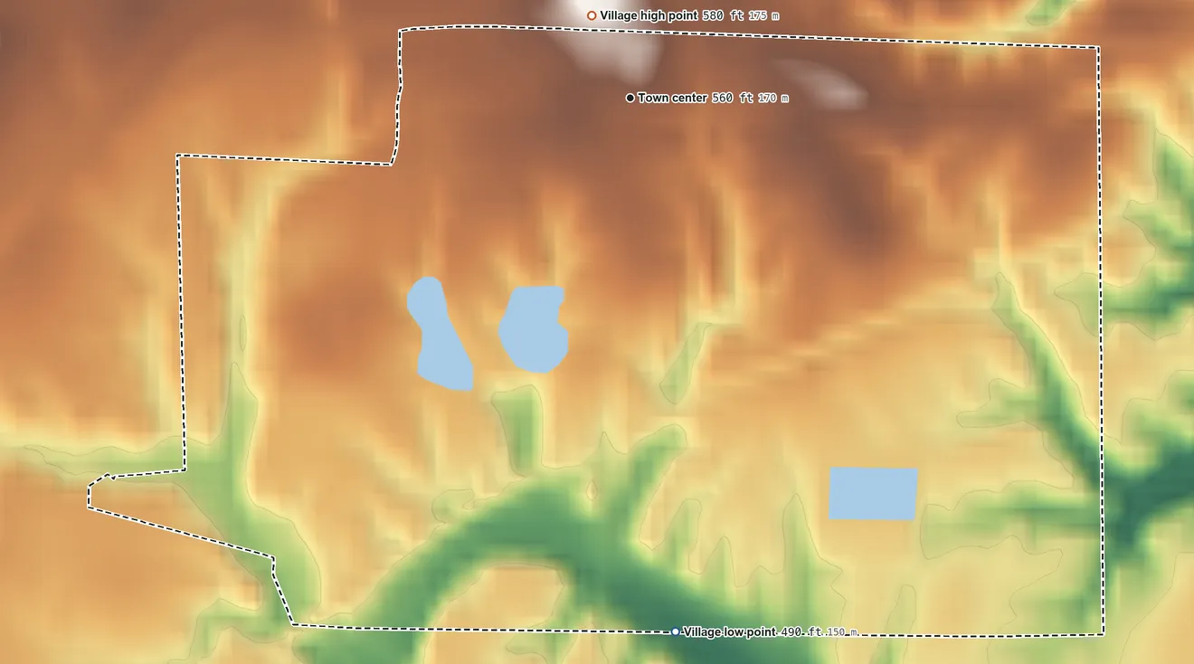 Topographic elevation map of Pocahontas, Illinois, shaded from 490 ft on the south side to 580 ft near the middle