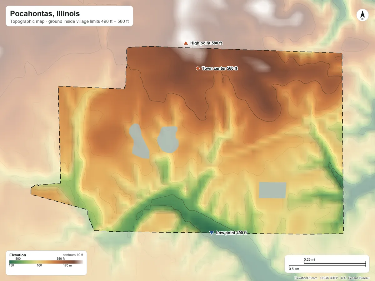 Topographic elevation map of Pocahontas, Illinois, shaded from 490 ft on the south side to 580 ft near the middle
