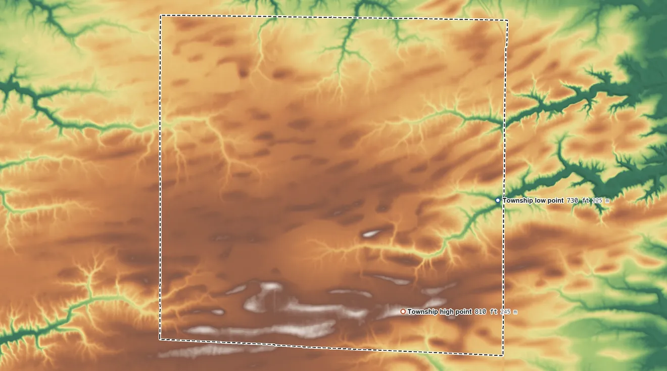 Topographic elevation map of Point Pleasant Township, Illinois, shaded from 730 ft on the east side to 810 ft on the south side