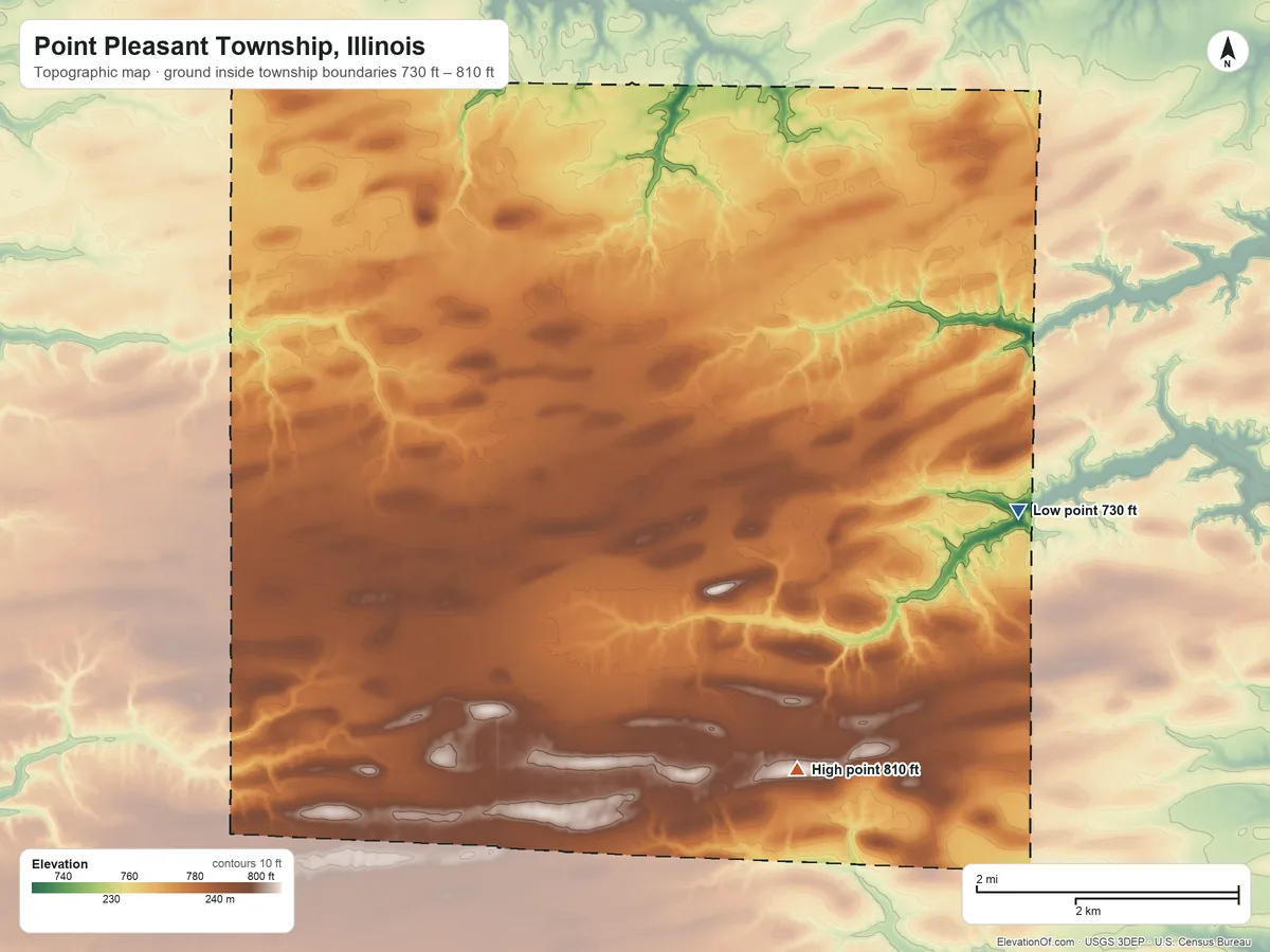 Topographic elevation map of Point Pleasant Township, Illinois, shaded from 730 ft on the east side to 810 ft on the south side