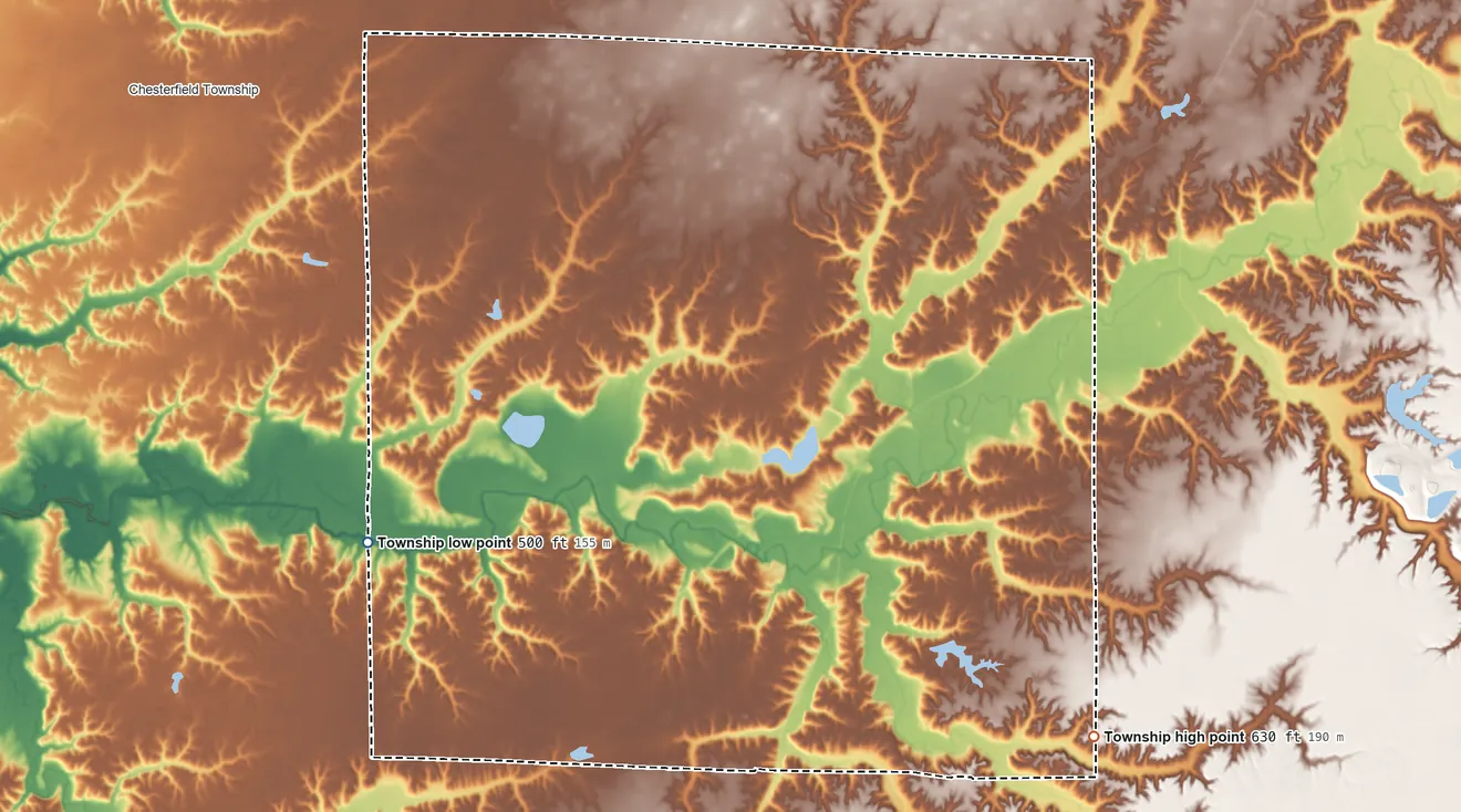 Topographic elevation map of Polk Township, Illinois, shaded from 500 ft on the west side to 630 ft on the southeast side