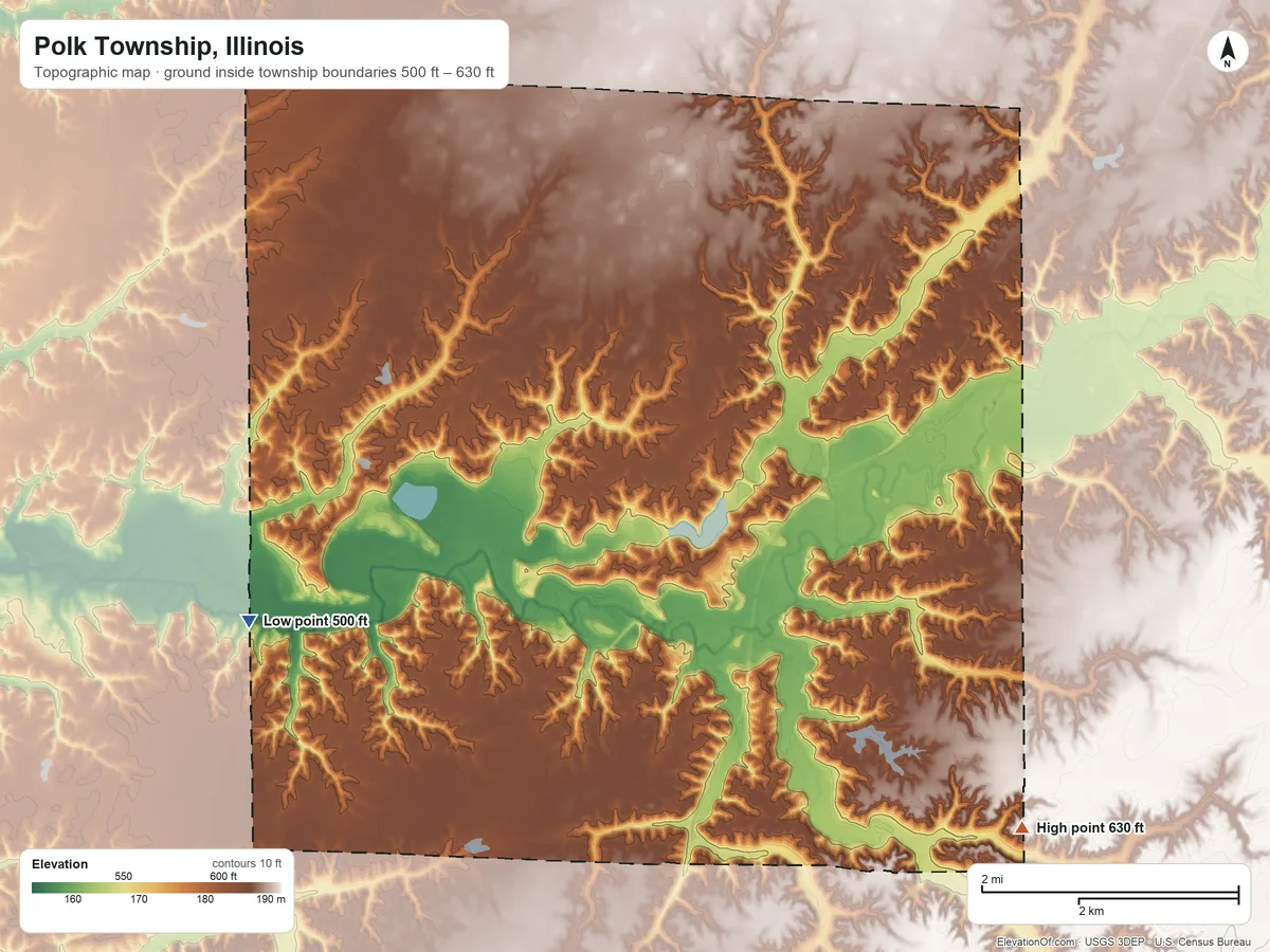 Topographic elevation map of Polk Township, Illinois, shaded from 500 ft on the west side to 630 ft on the southeast side