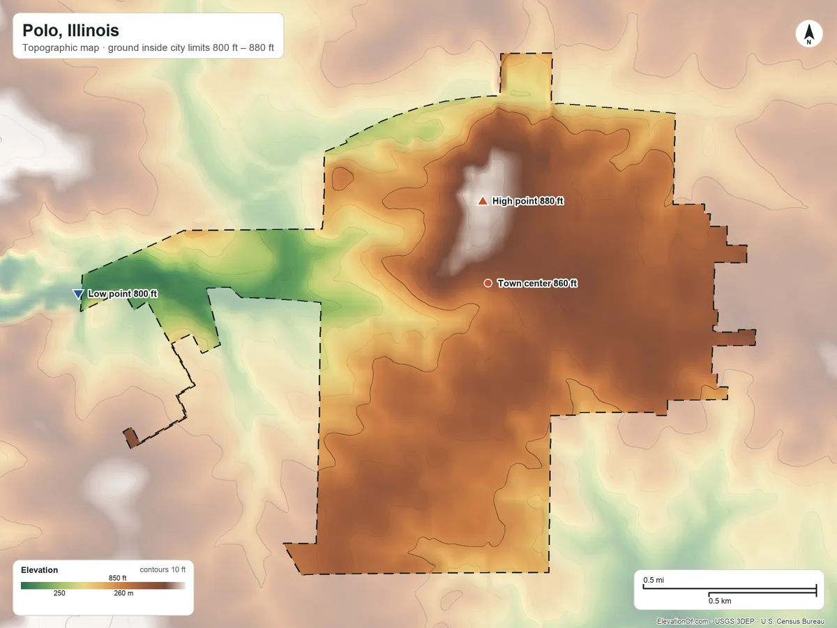 Topographic elevation map of Polo, Illinois, shaded from 800 ft on the west side to 880 ft near the middle