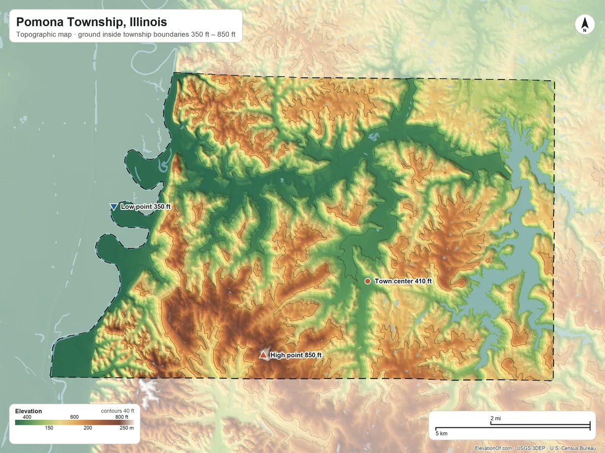 Topographic elevation map of Pomona Township, Illinois, shaded from 350 ft on the west side to 850 ft on the southwest side
