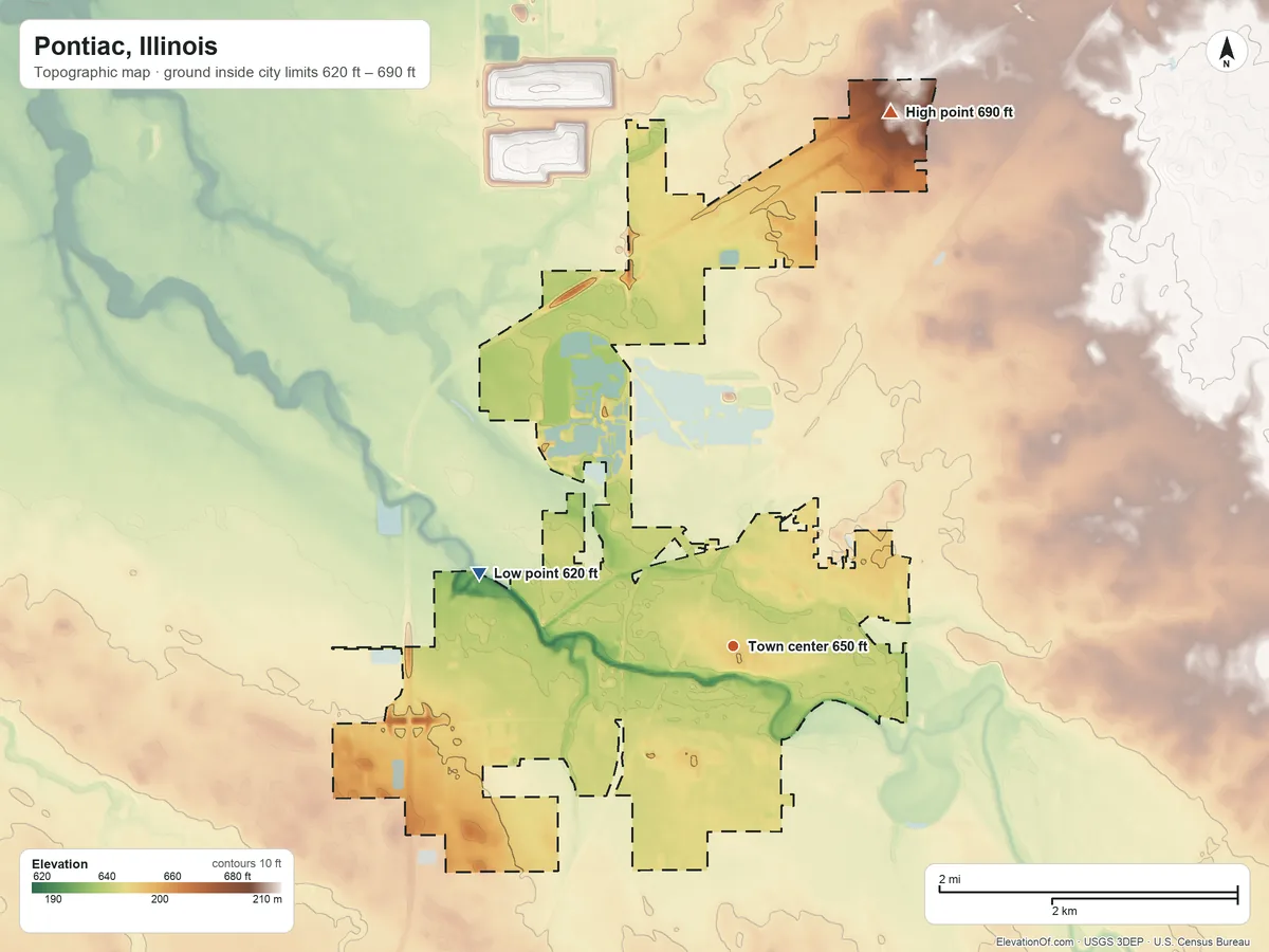 Topographic elevation map of Pontiac, Illinois, shaded from 620 ft on the west side to 690 ft on the north side