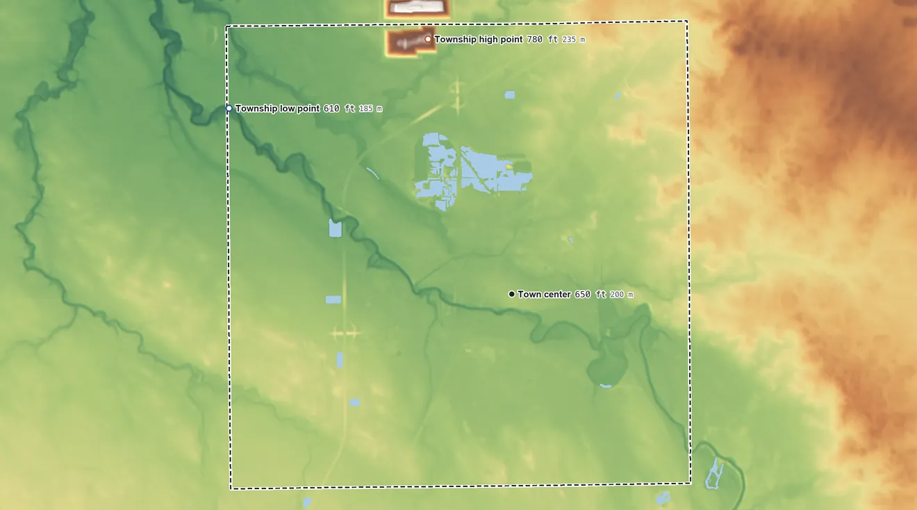 Topographic elevation map of Pontiac Township, Illinois, shaded from 610 ft on the northwest side to 780 ft on the north side
