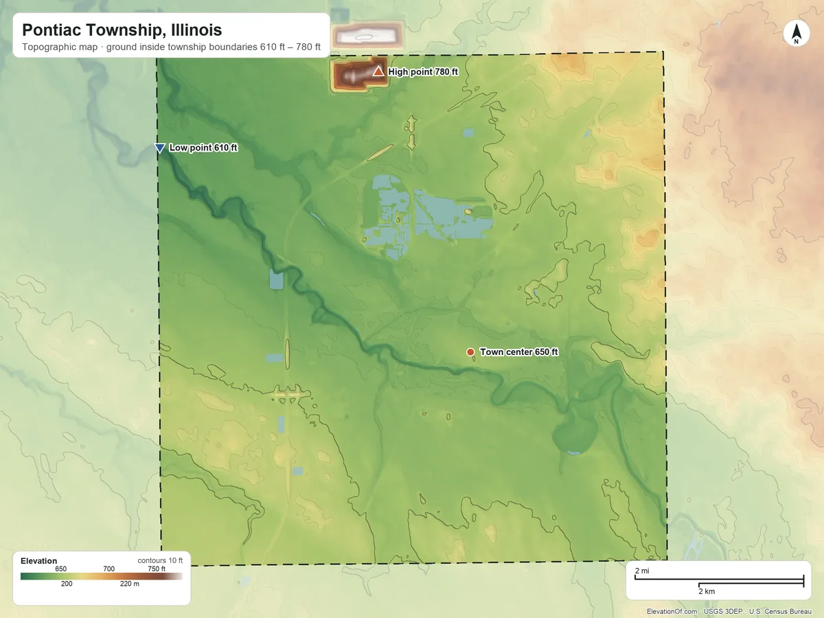 Topographic elevation map of Pontiac Township, Illinois, shaded from 610 ft on the northwest side to 780 ft on the north side