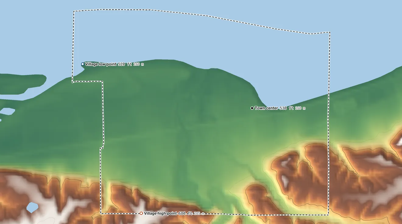 Topographic elevation map of Pontoosuc, Illinois, shaded from 520 ft on the west side to 680 ft on the southwest side