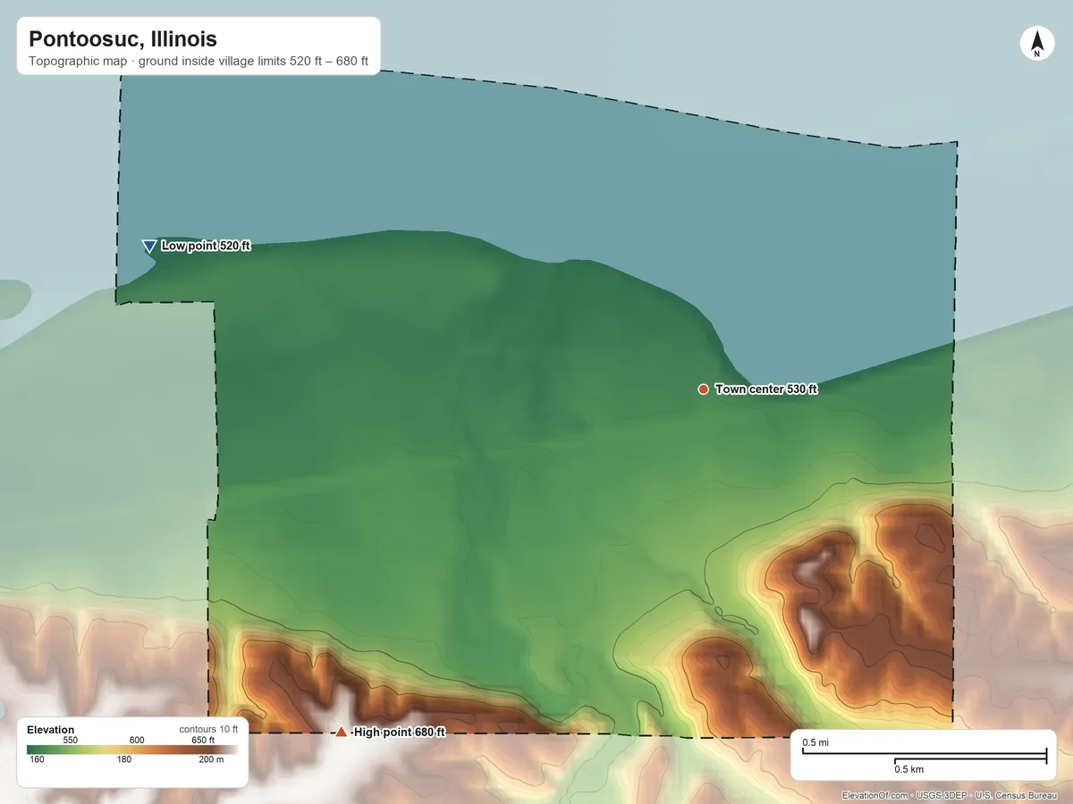 Topographic elevation map of Pontoosuc, Illinois, shaded from 520 ft on the west side to 680 ft on the southwest side