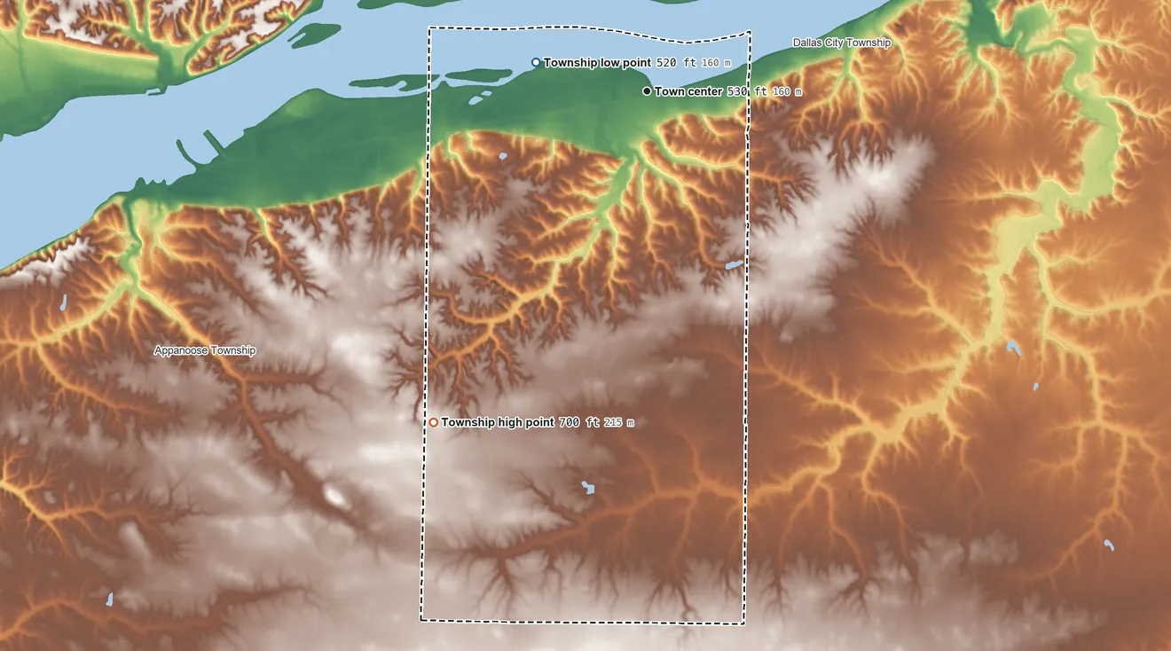 Topographic elevation map of Pontoosuc Township, Illinois, shaded from 520 ft on the west side to 700 ft on the southwest side