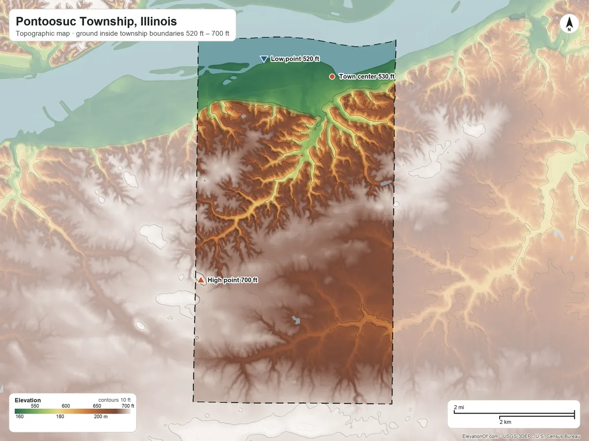 Topographic elevation map of Pontoosuc Township, Illinois, shaded from 520 ft on the west side to 700 ft on the southwest side