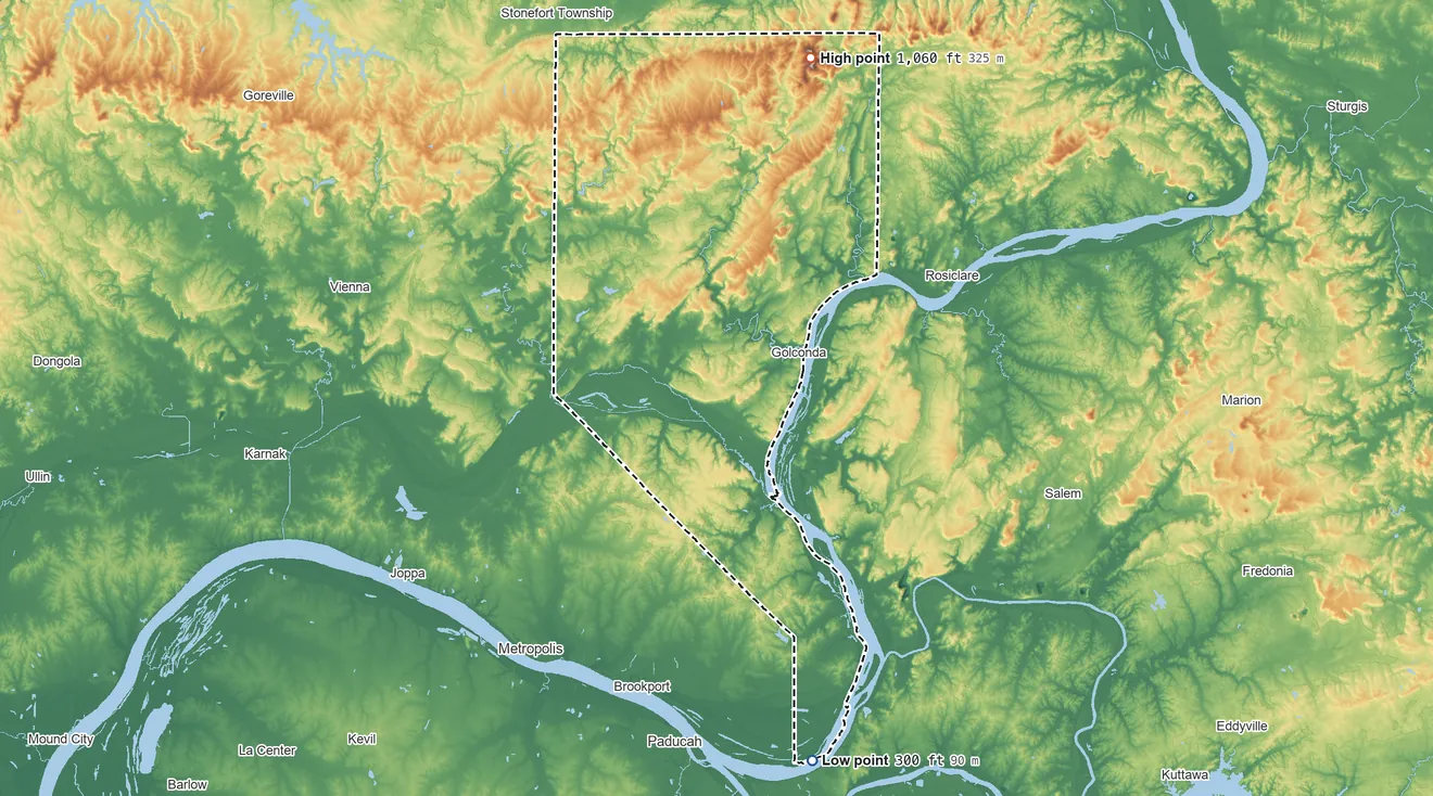 Topographic elevation map of Pope County, Illinois, shaded from 300 ft on the south side to 1,060 ft on Williams Hill
