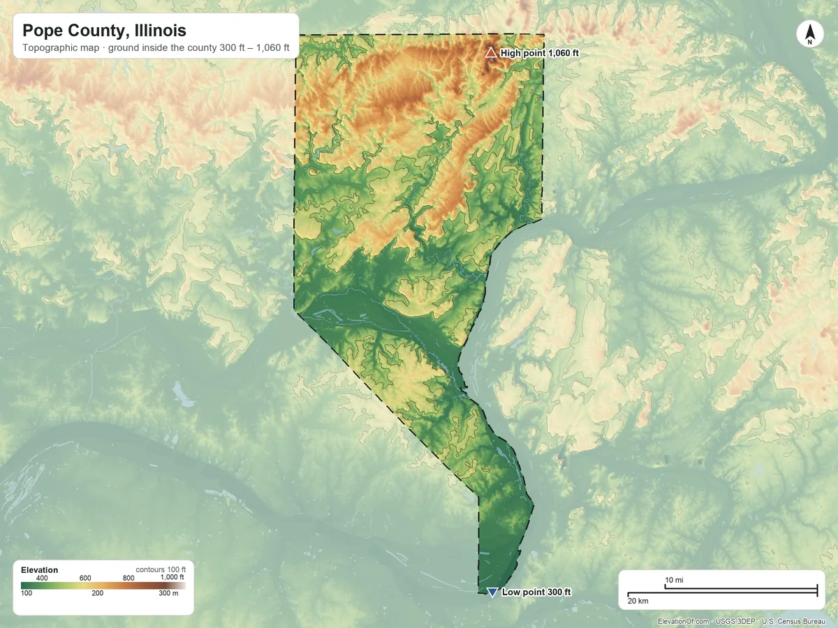 Topographic elevation map of Pope County, Illinois, shaded from 300 ft on the south side to 1,060 ft on Williams Hill