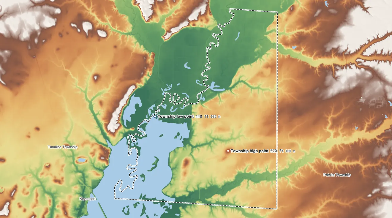 Topographic elevation map of Pope Township, Illinois, shaded from 440 ft on the west side to 520 ft near the middle