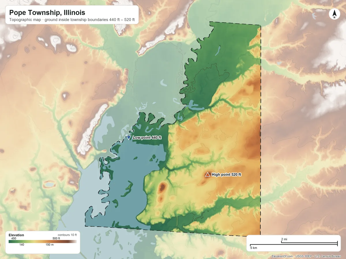 Topographic elevation map of Pope Township, Illinois, shaded from 440 ft on the west side to 520 ft near the middle