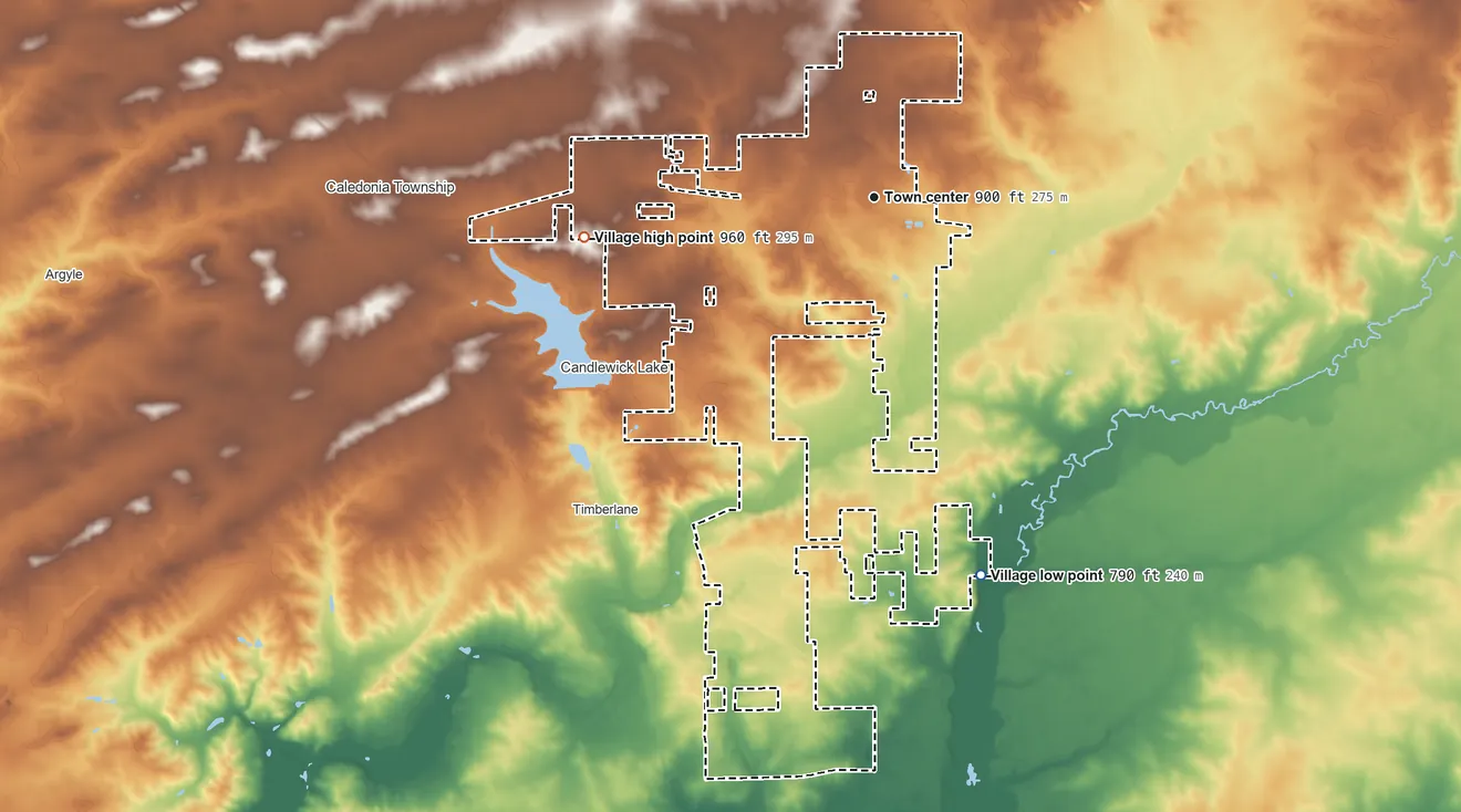 Topographic elevation map of Poplar Grove, Illinois, shaded from 790 ft on the south side to 960 ft on the west side
