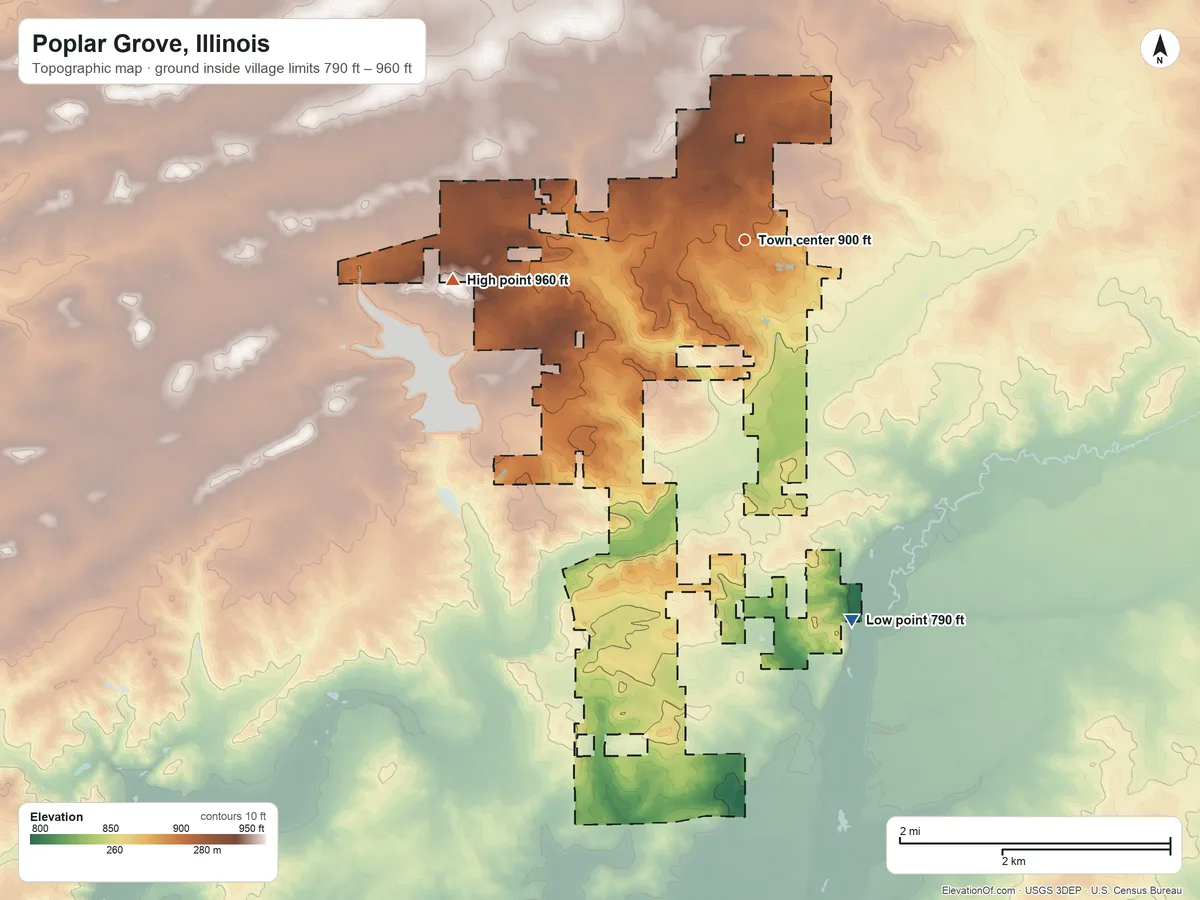 Topographic elevation map of Poplar Grove, Illinois, shaded from 790 ft on the south side to 960 ft on the west side