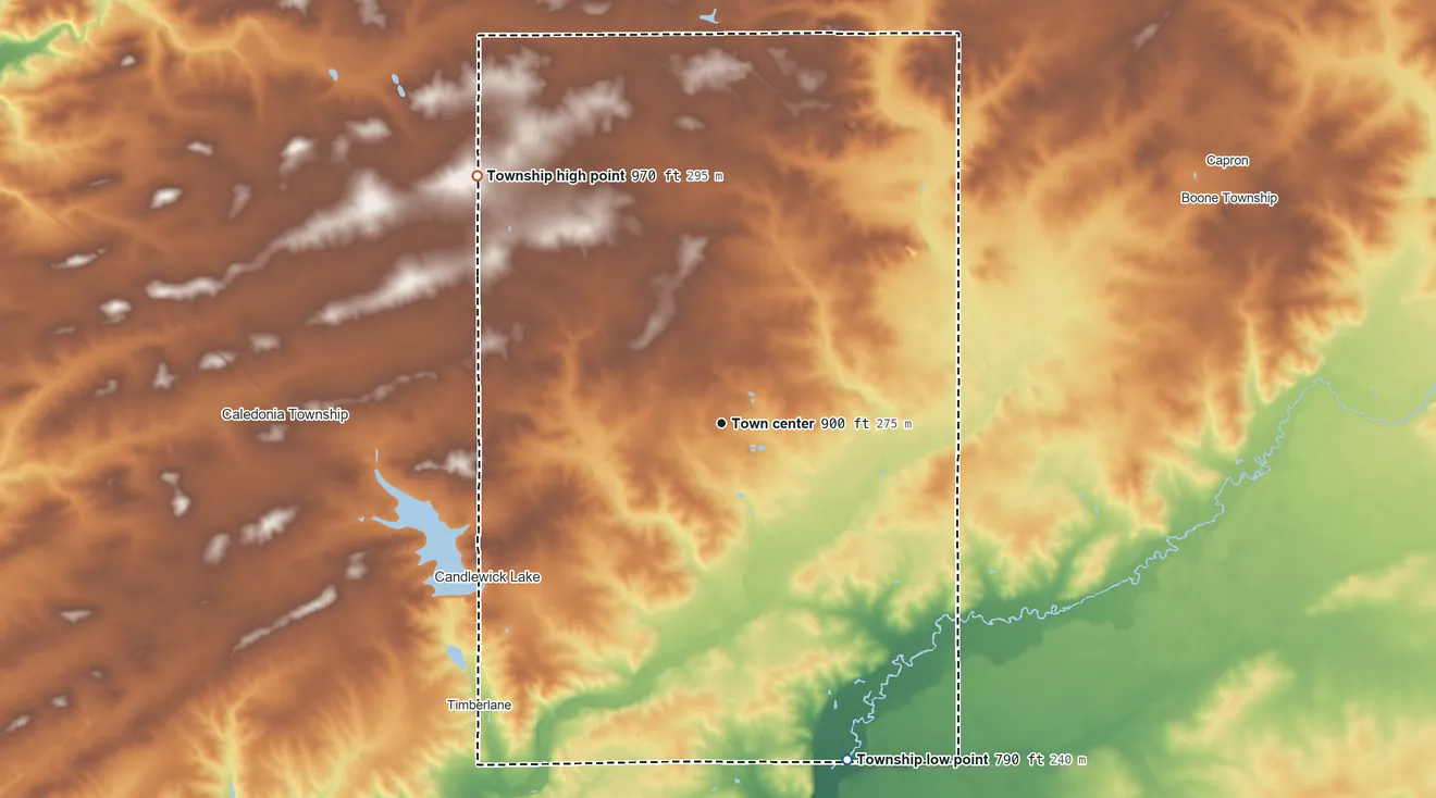 Topographic elevation map of Poplar Grove Township, Illinois, shaded from 790 ft on the south side to 970 ft on the northwest side