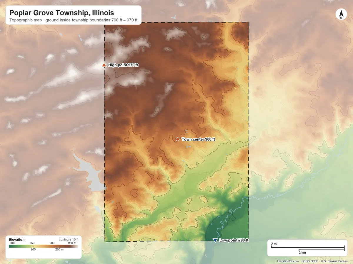 Topographic elevation map of Poplar Grove Township, Illinois, shaded from 790 ft on the south side to 970 ft on the northwest side
