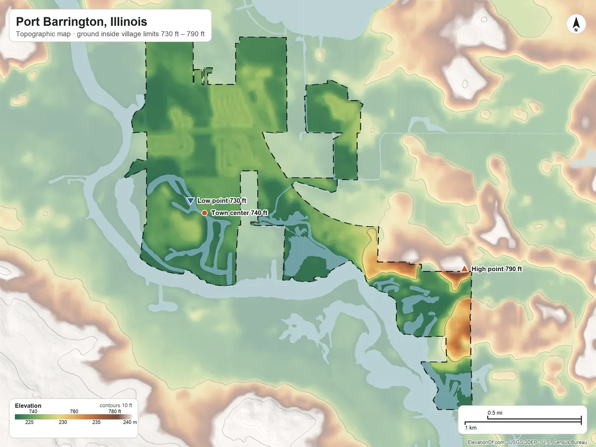 Topographic elevation map of Port Barrington, Illinois, shaded from 730 ft near the middle to 790 ft on the east side