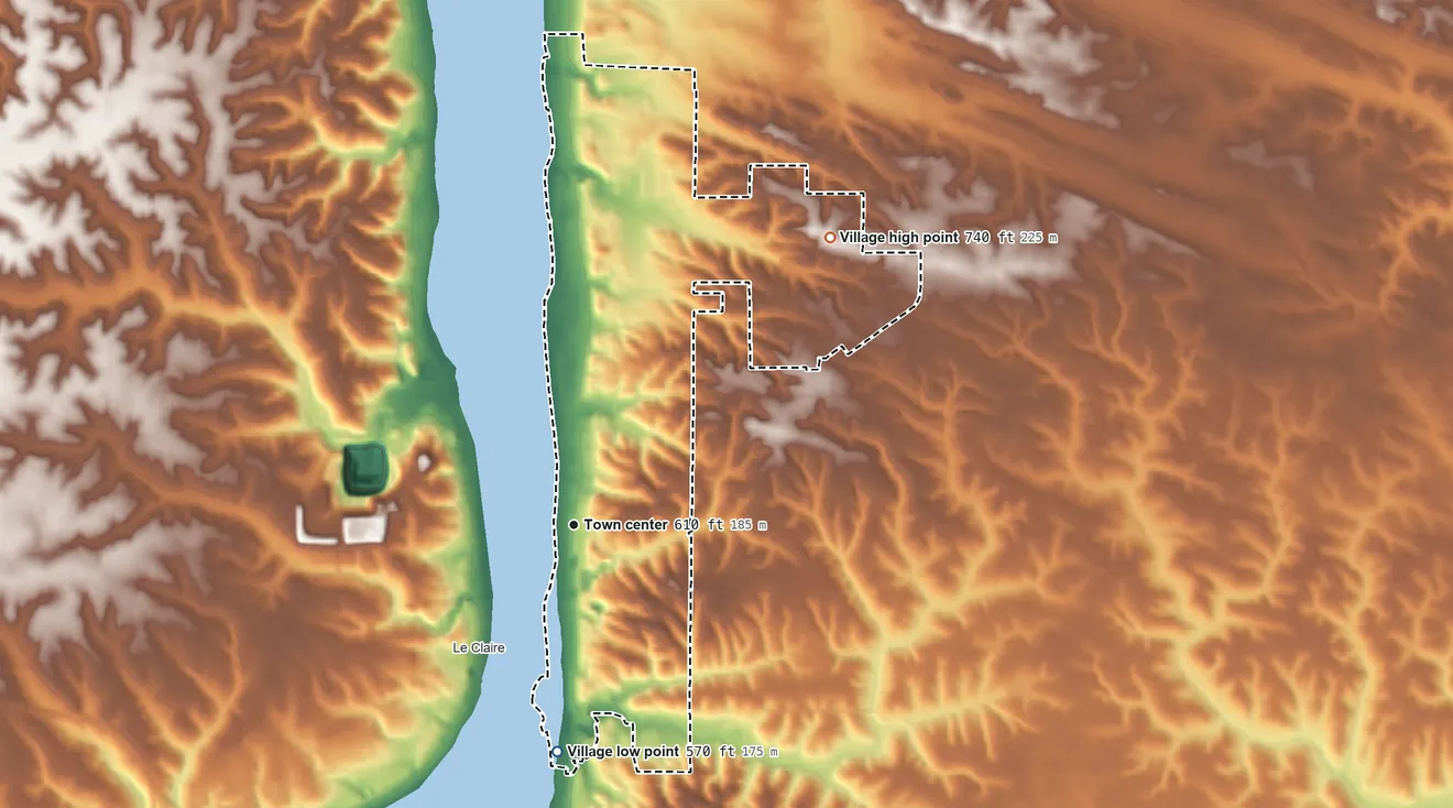Topographic elevation map of Port Byron, Illinois, shaded from 570 ft on the south side to 740 ft on the northeast side