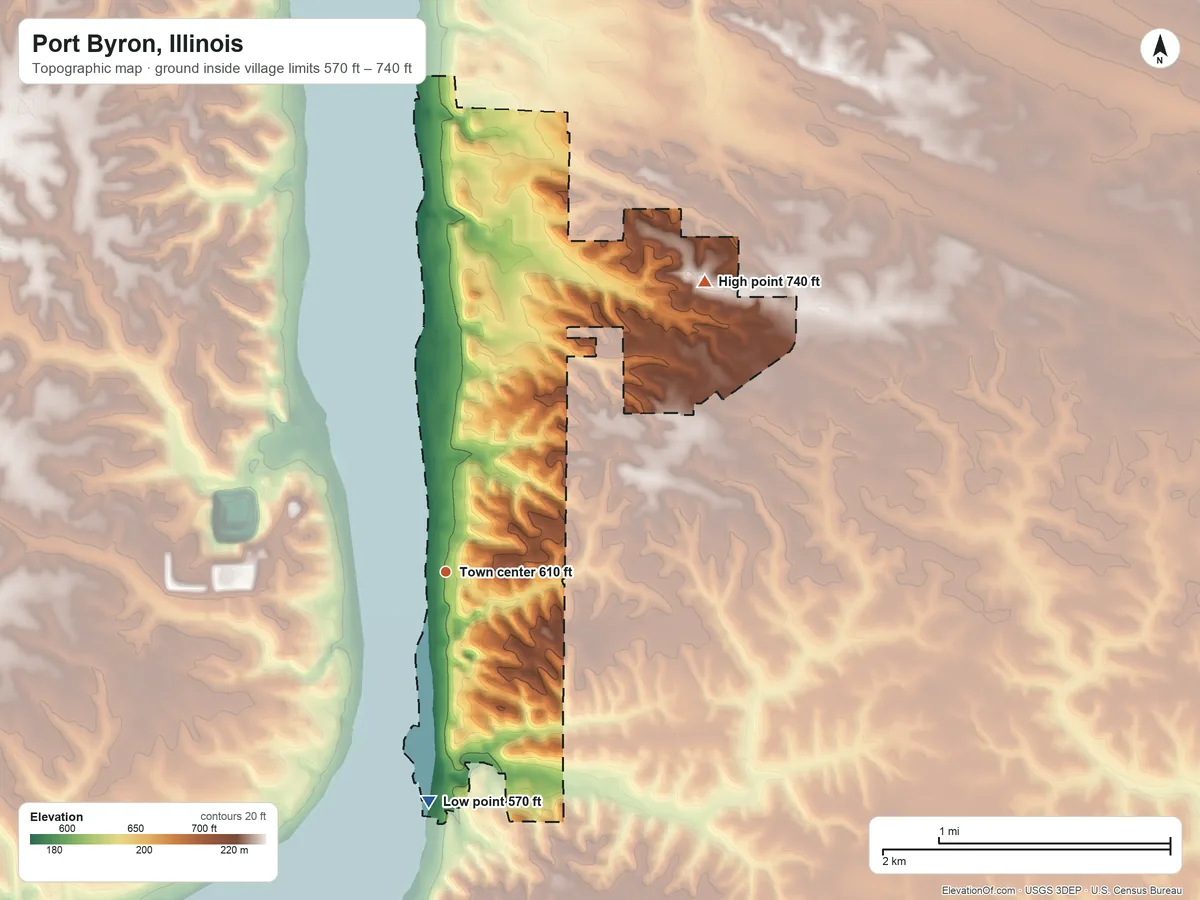 Topographic elevation map of Port Byron, Illinois, shaded from 570 ft on the south side to 740 ft on the northeast side