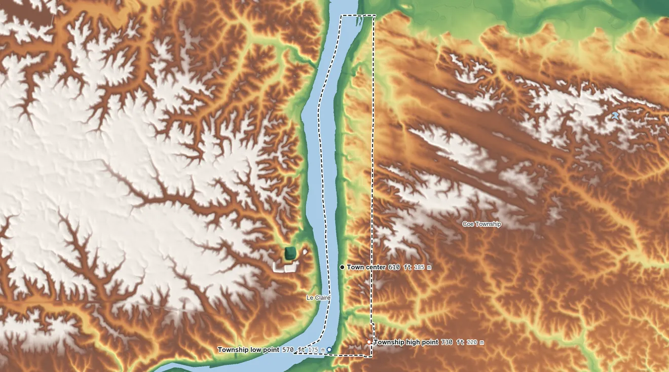 Topographic elevation map of Port Byron Township, Illinois, shaded from 570 ft on the south side to 730 ft on the south side