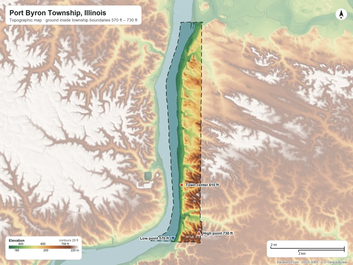 Topographic elevation map of Port Byron Township, Illinois, shaded from 570 ft on the south side to 730 ft on the south side