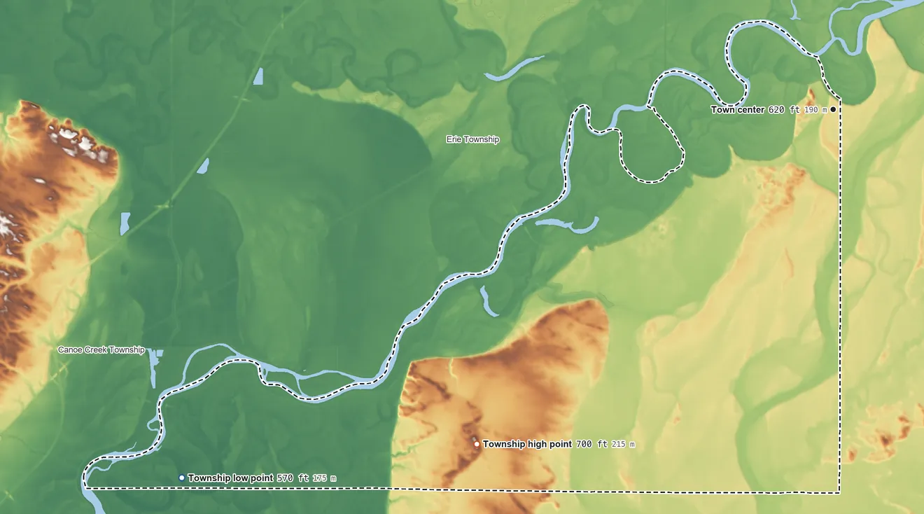 Topographic elevation map of Portland Township, Illinois, shaded from 570 ft on the southwest side to 700 ft on the southwest side