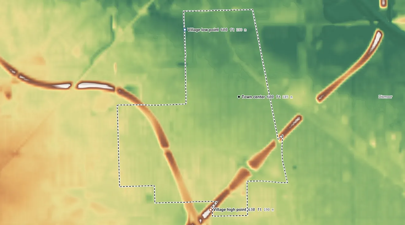 Topographic elevation map of Posen, Illinois, shaded from 600 ft on the northwest side to 630 ft on the south side