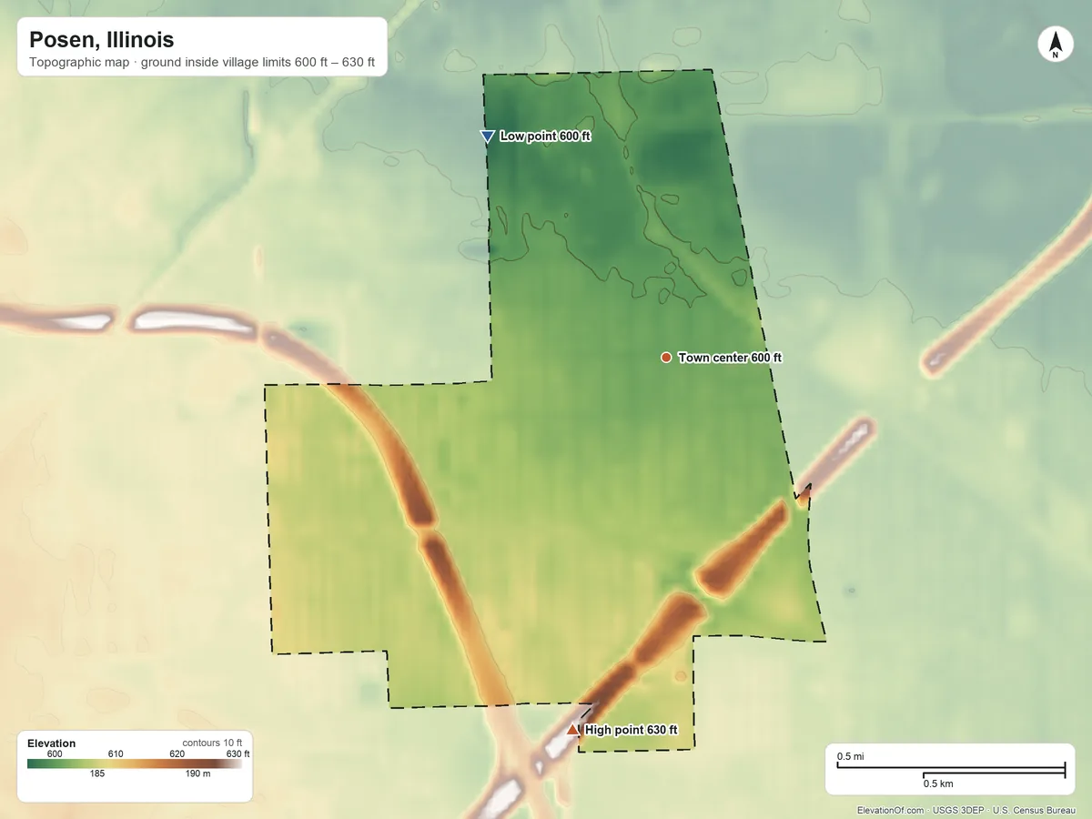 Topographic elevation map of Posen, Illinois, shaded from 600 ft on the northwest side to 630 ft on the south side