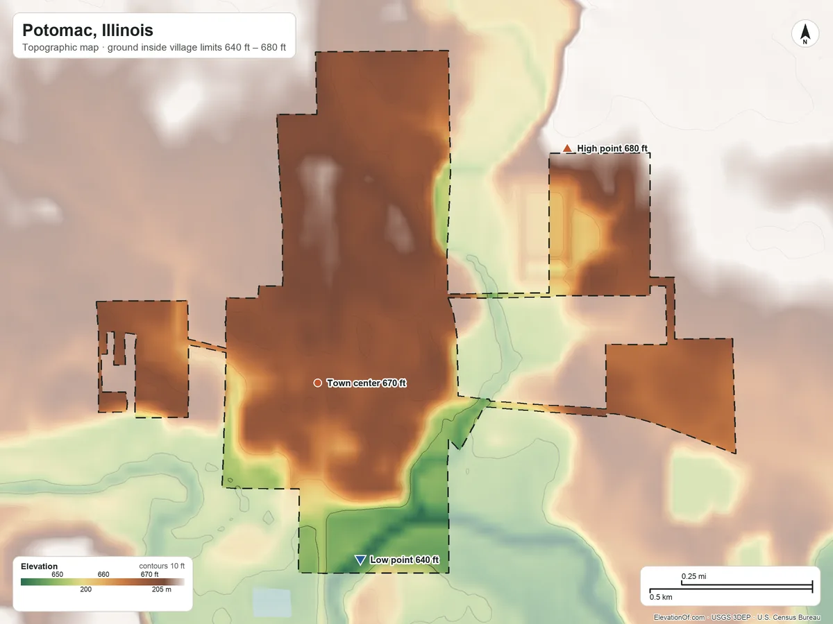 Topographic elevation map of Potomac, Illinois, shaded from 640 ft on the south side to 680 ft on the northeast side
