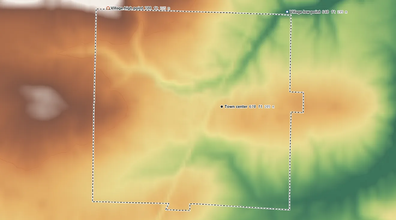 Topographic elevation map of Prairie City, Illinois, shaded from 640 ft on the northeast side to 700 ft on the northwest side