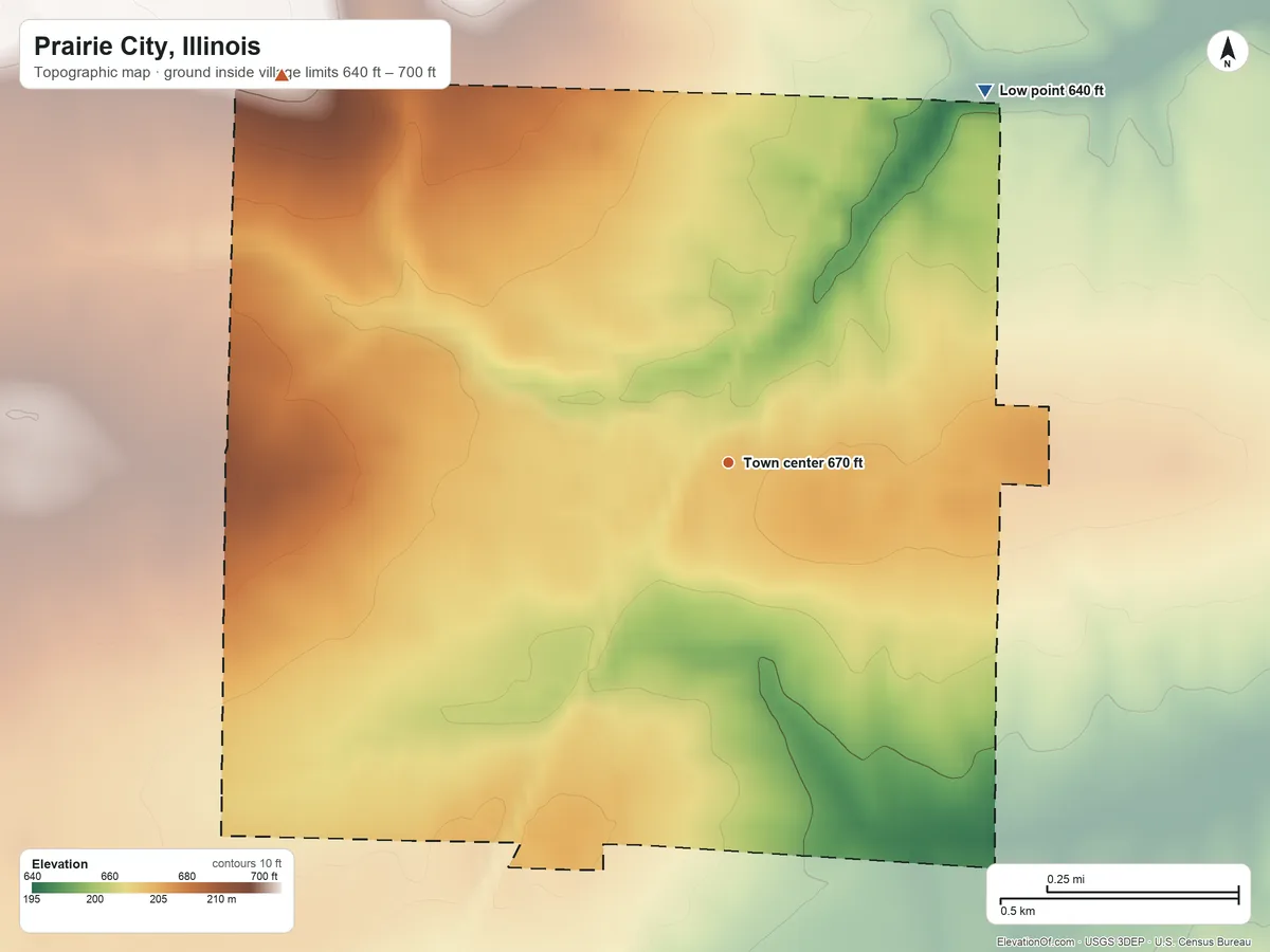 Topographic elevation map of Prairie City, Illinois, shaded from 640 ft on the northeast side to 700 ft on the northwest side