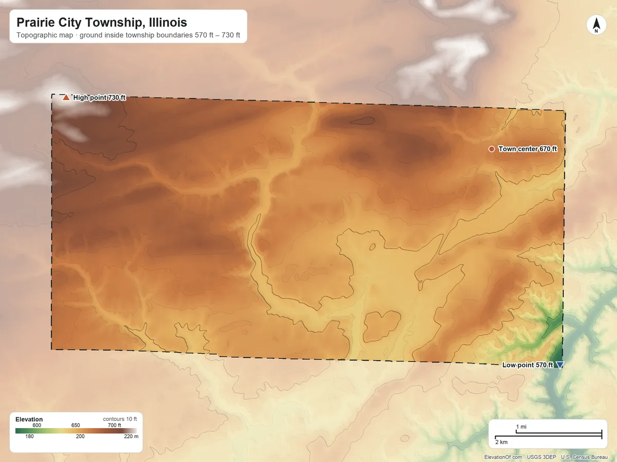 Topographic elevation map of Prairie City Township, Illinois, shaded from 570 ft on the south side to 730 ft on the west side