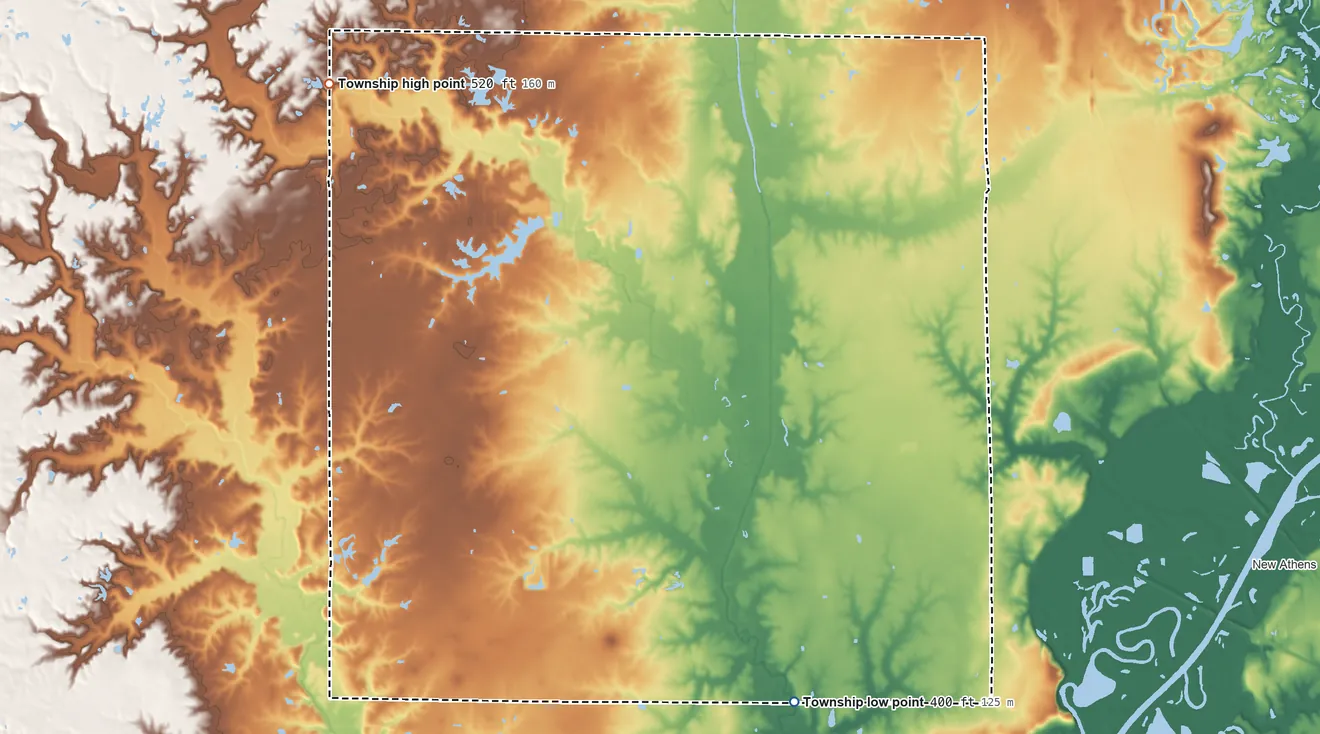 Topographic elevation map of Prairie Du Long Township, Illinois, shaded from 400 ft on the southeast side to 520 ft on the northwest side