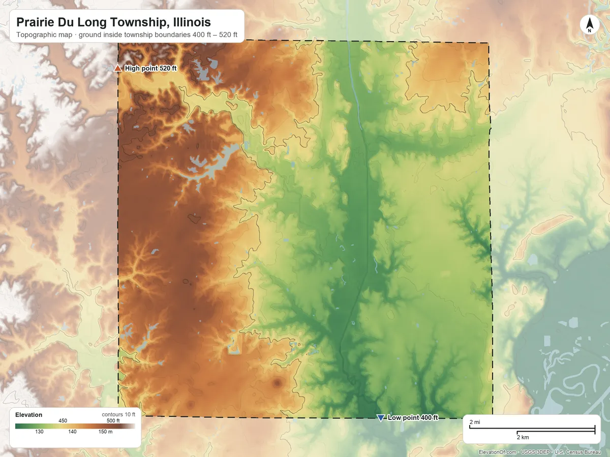 Topographic elevation map of Prairie Du Long Township, Illinois, shaded from 400 ft on the southeast side to 520 ft on the northwest side