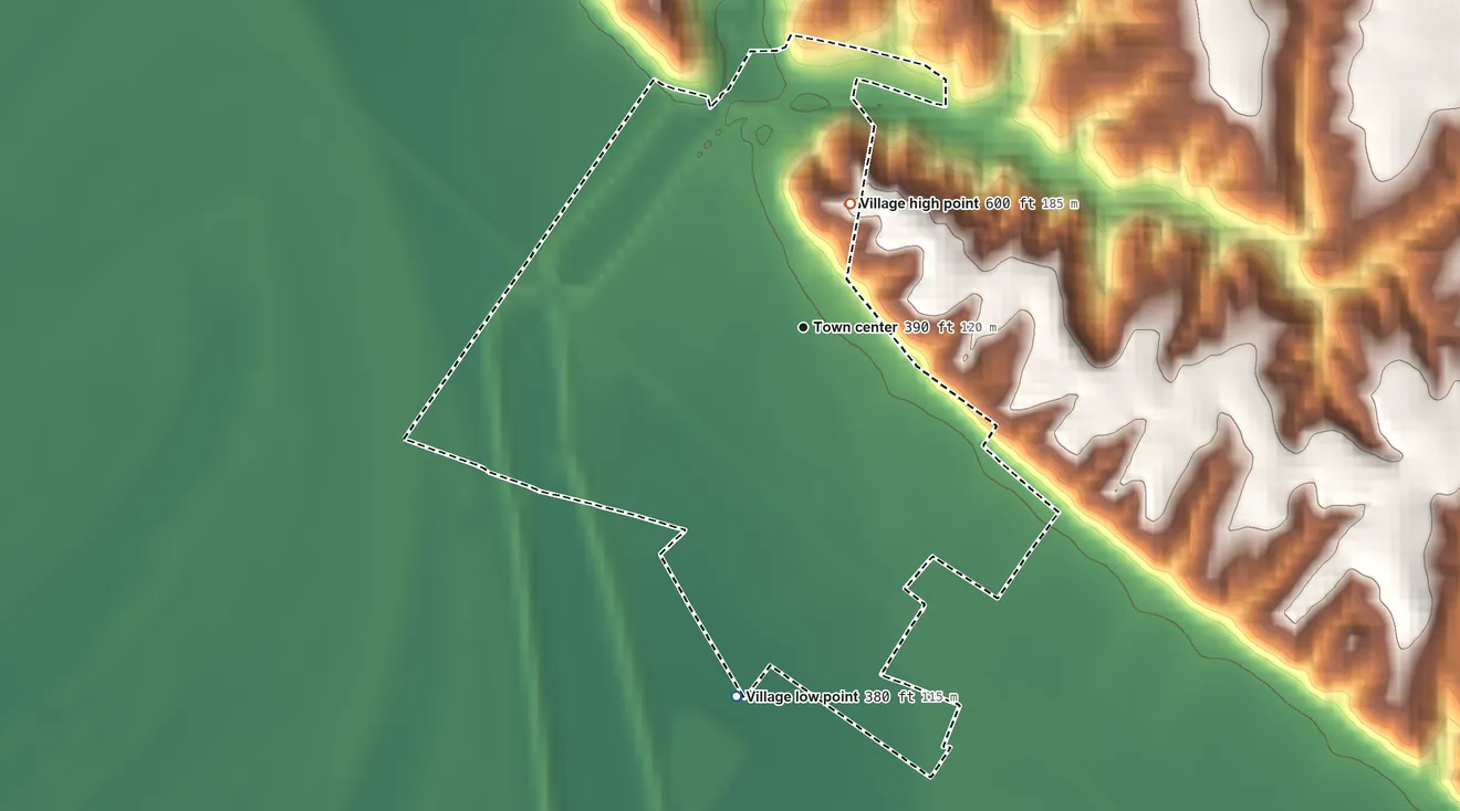 Topographic elevation map of Prairie du Rocher, Illinois, shaded from 380 ft on the south side to 600 ft on the north side