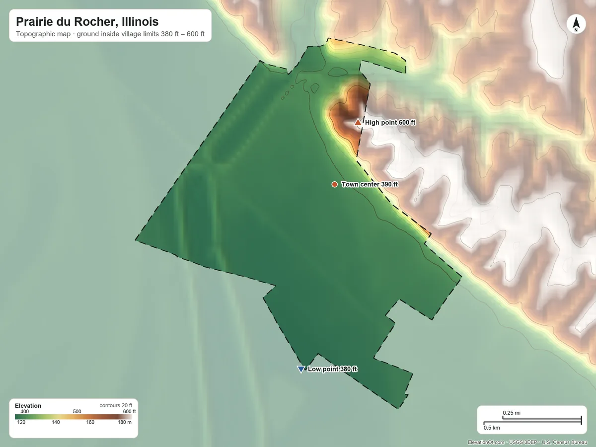 Topographic elevation map of Prairie du Rocher, Illinois, shaded from 380 ft on the south side to 600 ft on the north side