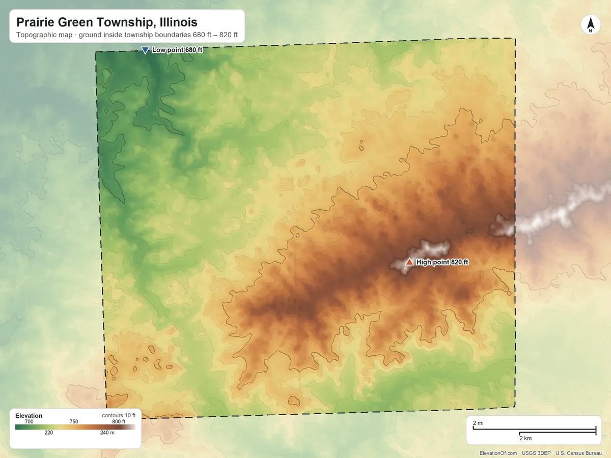 Topographic elevation map of Prairie Green Township, Illinois, shaded from 680 ft on the northwest side to 820 ft on the east side