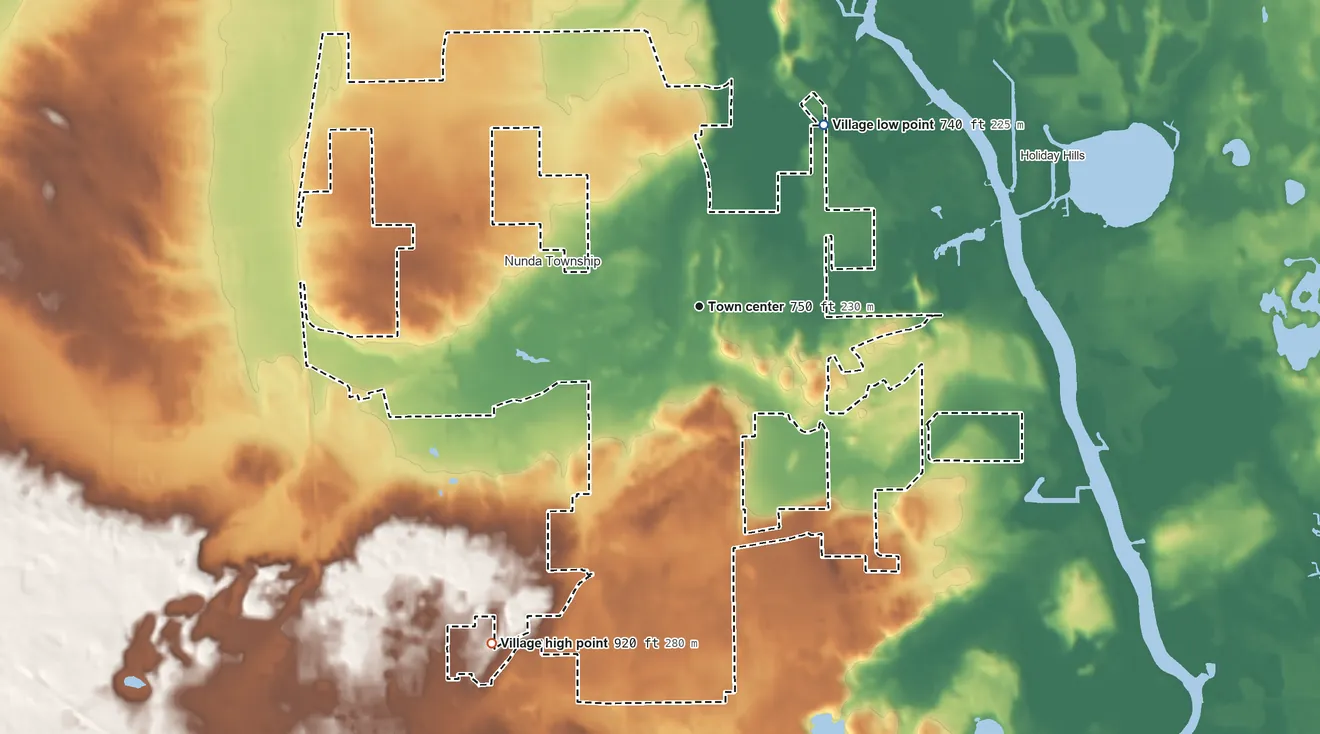 Topographic elevation map of Prairie Grove, Illinois, shaded from 740 ft on the northeast side to 920 ft on the southwest side