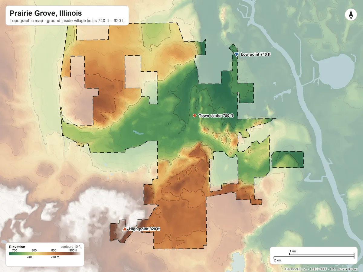 Topographic elevation map of Prairie Grove, Illinois, shaded from 740 ft on the northeast side to 920 ft on the southwest side