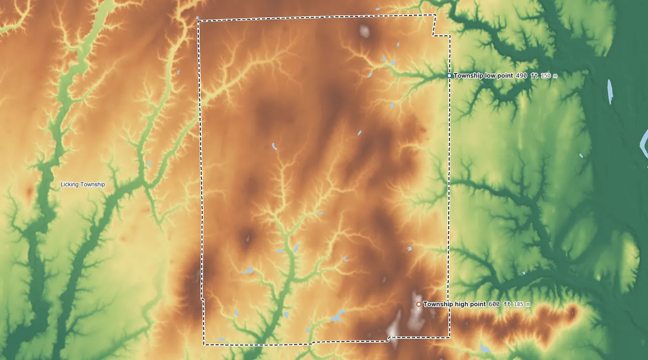 Topographic elevation map of Prairie Township, Crawford County, Illinois, shaded from 490 ft on the northeast side to 600 ft on the southeast side