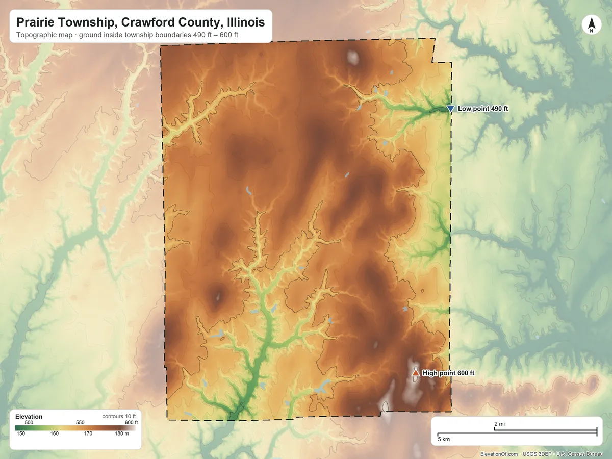 Topographic elevation map of Prairie Township, Crawford County, Illinois, shaded from 490 ft on the northeast side to 600 ft on the southeast side